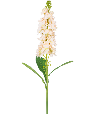 Een enkele Kunstbloem Violier 78 cm crème heeft meerdere licht crème bloesems en groene bladeren tegen een effen witte achtergrond.