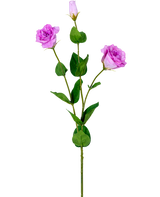 De Kunst Eustoma Real Touch Roze 72cm heeft een enkele groene steel met drie lichtpaarse kunstrozen in verschillende bloeistadia en verschillende groene bladeren, afgebeeld op een witte achtergrond.