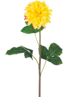 De Kunstbloem Dahlia Real Touch Geel 73 cm is een enkele gele dahlia met ronde bloemblaadjes en rode accenten, met een lange groene steel en een aantal grote groene bladeren, tegen een witte achtergrond.