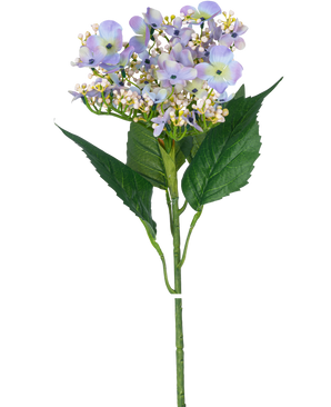 De Kunstbloem Vlinder Hortensia 72 cm licht lila is een enkele kunststengel met lichtpaarse hortensiabloemen, groene bladeren en kleine witte knoppen, perfect voor het decoreren van elke ruimte.