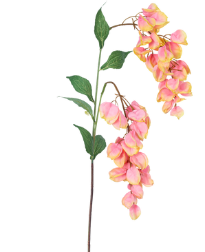 De Kunstbloem Paniculata 95 cm heeft een enkele stengel met groene bladeren en trossen roze en gele blauwe regenachtige bloemen, prachtig geïsoleerd op een witte achtergrond.