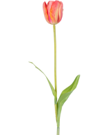 Een enkele Kunstbloem Franse Tulp 63 cm oranje met een lange groene steel en twee groene bladeren, geïsoleerd op een witte achtergrond.