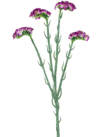 De Kunsttak Statice 64 cm donkerpaars heeft drie slanke groene stelen met meerdere takken, elk bedekt met een aantal kleine, ruche donkerpaarse bloemen, allemaal tegen een witte achtergrond.