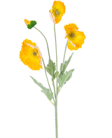 De Kunstbloem Poppy Real Touch geel 60 cm heeft een enkele steel met vier levendige gele klaproosbloemen en groene bladeren, tegen een effen witte achtergrond.