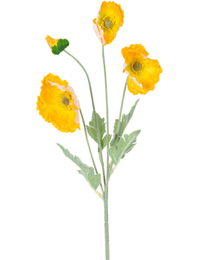 De Kunstbloem Poppy Real Touch geel 60 cm heeft een enkele steel met vier levendige gele klaproosbloemen en groene bladeren, tegen een effen witte achtergrond.