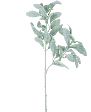 Een enkele Kunstbloem Eucalyptus rond 70 cm steel met zilvergroene, ovaalvormige bladeren met zachte textuur, geïsoleerd op een witte achtergrond.