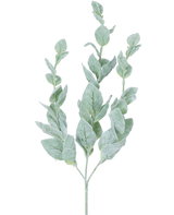 De Kunstbloem Eucalyptus 70 cm is een enkele groene eucalyptus stam met meerdere afgeronde, zachte, bleke, zilverkleurige bladeren tegen een witte achtergrond.