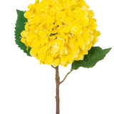 De Kunstbloem Hortensia Real Touch geel 58 cm heeft een enkele gele hortensia met gelaagde bloemblaadjes, twee grote groene bladeren en een bruine steel, tegen een effen witte achtergrond.