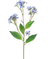 Een Kunstbloem Orchidee Real Touch Paars 50 cm heeft een enkele groene steel met verschillende takken, elk versierd met trosjes kleine, lichtpaarse orchidee bloemen en groene bladeren, tegen een witte achtergrond.