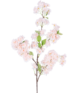 Een enkele Kunst Kersenbloesem 100 cm lichtroze heeft trossen lichtroze kersenbloesems met groene bladeren op een witte achtergrond.