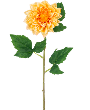 De Kunstbloem Dahlia Real Touch geel 54 cm heeft een levensechte gele dahlia met gelaagde bloemblaadjes en groene bladeren op een lange steel, geïsoleerd op een witte achtergrond.