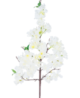 De Kunst Zijde Kersenbloesem 95 cm wit heeft een enkele tak met trosjes witte kunstkersenbloesembloemen en een paar groene blaadjes, tegen een effen witte achtergrond.
