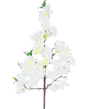 De Kunst Zijde Kersenbloesem 95 cm wit heeft een enkele tak met trosjes witte kunstkersenbloesembloemen en een paar groene blaadjes, tegen een effen witte achtergrond.