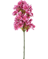 Een enkele steel van de Kunstbloem Sneeuwbal Real Touch Roze 58 cm, met trosjes felroze kunsthortensia-achtige bloemen met een groen hart, geïsoleerd op een witte achtergrond.
