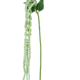 De Kunstbloem Amaranthus 124 cm groen heeft een enkele groene stengel met lange, hangende trossen kleine, lichtgroene bloemen en twee grote groene bladeren, tegen een witte achtergrond.