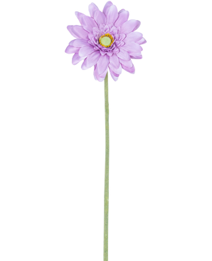 De Kunstbloem mini Gerbera 47 cm lila heeft een enkele lichtpaarse margrietachtige bloem met gelaagde bloemblaadjes en een geel hart op een lange, slanke groene steel, perfect om te laten zien tegen een witte achtergrond.