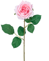 De Kunstroos "Emine" Real Touch Roze 43cm is een enkele lichtroze kunstroos met gelaagde bloemblaadjes, groene bladeren en een lange steel, tegen een witte achtergrond.