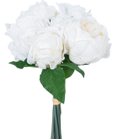 De Kunstboeket mix bloemen Real Touch Wit 30 cm heeft levensechte witte bloemen en groene bladeren, elegant omwikkeld met een band en tegen een effen witte achtergrond.
