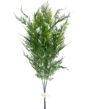 De Kunsttak Varen Deluxe 127 cm heeft hoge, vederlichte groene kunstvarens, gebundeld met een tan kleurig touw, tegen een effen witte achtergrond.