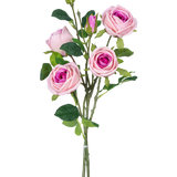 De Kunstrozentak dubbel Real Touch roze 80cm heeft meerdere kunstroze rozen en rozenknoppen met groene bladeren op één steel, tegen een effen witte achtergrond.