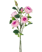 De Kunstrozentak dubbel Real Touch roze 80cm heeft meerdere kunstroze rozen en rozenknoppen met groene bladeren op één steel, tegen een effen witte achtergrond.
