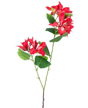 De Kunstbloem Rhododendron 85 cm licht rood is een kunststam met groene bladeren en twee trossen lichtrode en witte bloemen op een witte achtergrond.