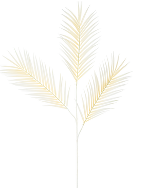 De Kunsttak Varen Groot 101 cm wit heeft een delicaat, lichtgeel palmblad met drie vertakte bladeren tegen een effen witte achtergrond.
