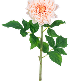 De Kunst Georgine Real Touch Lichtroze 70cm heeft een enkele lichtroze dahlia met gelaagde bloemblaadjes en een geel hart op een lange groene steel met verschillende grote, gekartelde groene bladeren.