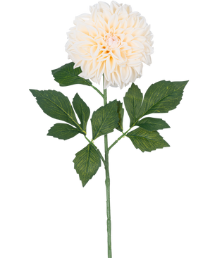 De Kunstbloem Dahlia Real Touch Beige 72 cm heeft een enkele beige dahlia met gelaagde bloemblaadjes en groene bladeren op een lange steel, geïsoleerd op een witte achtergrond.