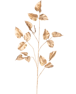 Het Kunsttak Salal 95 cm goud heeft een enkele goudgeschilderde tak met meerdere bladeren op een effen witte achtergrond.