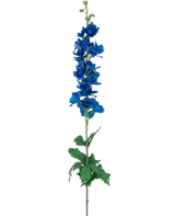 De Kunstbloem Ridderspoor Real Touch donker blauw 90 cm heeft een hoge, enkele steel met levendige donkerblauwe gelaagde bloemen en groene bladeren, tegen een effen witte achtergrond.