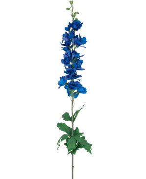 De Kunstbloem Ridderspoor Real Touch donker blauw 90 cm heeft een hoge, enkele steel met levendige donkerblauwe gelaagde bloemen en groene bladeren, tegen een effen witte achtergrond.