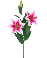 De Kunstbloem Lelie 85 cm roze heeft twee bloeiende roze en witte lelies, een gesloten knop en een aantal lange groene bladeren, prachtig tegen een witte achtergrond.