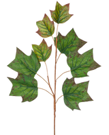 Een tak van Kunsttak Eikenblad 84 cm groen met verschillende grote, groene, eikvormige bladeren met bruinrode vlekken tegen een effen witte achtergrond.