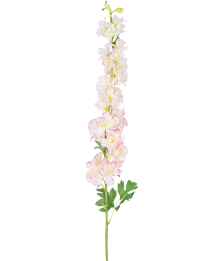 De Kunstbloem Delphinium 105 cm roze is een enkele hoge kunststengel met lichtroze en witte ridderspoor bloemen met groene bladeren, geïsoleerd op een witte achtergrond.