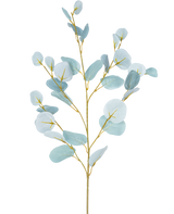 De Kunsttak eucalyptus 84 cm is een enkele kunststengel met meerdere takken, voorzien van ronde, lichtblauwgroene bladeren tegen een effen witte achtergrond.