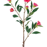 De Kunstbloem Camellia 80 cm roze is een enkele stengel met meerdere takken, groene bladeren en verschillende felroze bloemen en knoppen, geïsoleerd op een witte achtergrond.