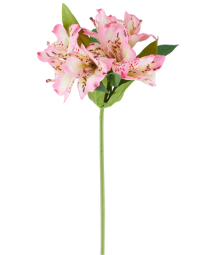 Een enkele Kunstbloem Alstroemeria van 47 cm, roze/crème, met verschillende roze en crèmekleurige bloesems en groene bladeren, afgebeeld tegen een witte achtergrond.