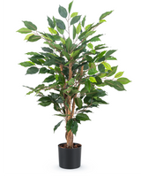 De Kunstplant Ficus Groen 90 cm heeft meerdere bruine stelen en weelderige groene bladeren in een eenvoudige zwarte pot - ideaal als stijlvolle kantoorplant.