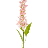 Een enkele Kunstbloem Aziatische appel 84 cm roze met lichtroze bloemen en slanke groene bladeren, verticaal gerangschikt tegen een witte achtergrond.