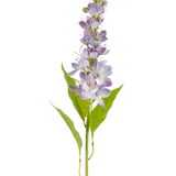 De Kunstbloem Aziatische appel 84 cm lavendel heeft een enkele stengel met langwerpige groene bladeren en meerdere kleine, lichtpaarse bloemen die verticaal langs de stengel staan, geïsoleerd op een witte achtergrond.