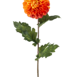 De Kunstbloem Dahlia 75 cm oranje heeft een enkele oranje dahlia met gelaagde bloemblaadjes, groene bladeren en een lange bruine steel, tegen een effen witte achtergrond.