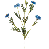 De Kunstbloem Pomponchrysant 69 cm blauw heeft een enkele groene steel met verschillende takken, zes blauwe kunstbloemen met gele hartjes en smalle groene bladeren, alles op een witte achtergrond.
