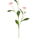 De Kunstbloem Zomeraster 57 cm roze heeft een lange groene steel met drie roze margrietachtige bloemen en verschillende groene bladeren, tegen een effen witte achtergrond.