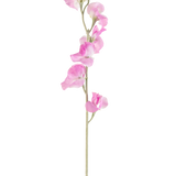 Een enkele Kunstbloem Erwt 64 cm roze heeft delicate, ruche roze bloemblaadjes en een lichtgroene steel, tegen een effen witte achtergrond.