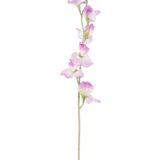Een enkele lange Kunstbloem Erwt 64 cm paars steel met delicate paarse bloemen verticaal gerangschikt, tegen een effen witte achtergrond.