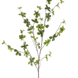 De Kunstbloem Enkianthus 119 cm groen heeft een enkele, slanke tak met meerdere uitlopers en kleine, levendige groene bladeren, geïsoleerd op een witte achtergrond.