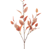 Een enkele Kunstbloem Eucalyptus 104 cm met meerdere dunne stelen en ovale rode herfstbladeren, tegen een effen witte achtergrond.