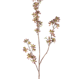 De Kunstbloem Bloemen 102 cm paars/groen heeft een enkele bruine stengel met meerdere takken, elk versierd met kleine gevlekte paarse en groene bladeren, tegen een effen witte achtergrond.