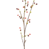 De Kunstbloem Rozenbottel 112 cm rood heeft een enkele bruine tak met kleine rode en donkerpaarse besjes en een paar lichtgroene blaadjes, tegen een effen witte achtergrond.